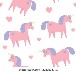 Vector seamless pattern of flat cartoon hand drawn unicorn isolated on white background