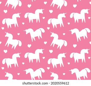Vector seamless pattern of flat cartoon hand drawn unicorn silhouette isolated on pink background