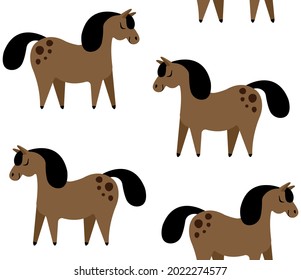 Vector seamless pattern of flat cartoon hand drawn horse isolated on white background