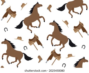Vector seamless pattern of flat cartoon cowboy western horse isolated on white background