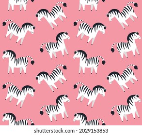Vector seamless pattern of flat cartoon hand drawn zebra isolated on pink background