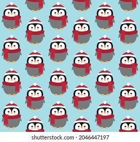Vector seamless pattern of flat cartoon hand drawn penguin in hat and scarf isolated on blue background