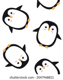 Vector seamless pattern of flat cartoon hand drawn penguin isolated on white background