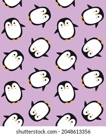 Vector seamless pattern of flat cartoon hand drawn penguin isolated on lavender background