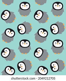 Vector seamless pattern of flat cartoon hand drawn penguin isolated on mint background