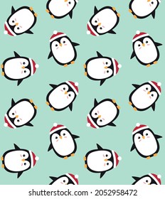 Vector seamless pattern of flat cartoon penguin in hat isolated on mint background