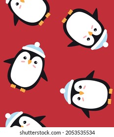Vector seamless pattern of flat cartoon penguin in hat isolated on red background