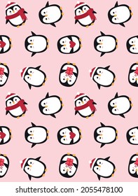 Vector seamless pattern of flat cartoon penguin in hat and scarf isolated on pink background