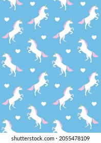 Vector seamless pattern of flat cartoon unicorn isolated on blue background