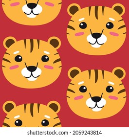 Vector seamless pattern of flat cartoon hand drawn tiger face head isolated on red background