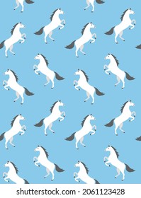 Vector seamless pattern of flat cartoon horse standing on hind legs isolated on blue background