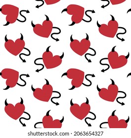 Vector seamless pattern of flat cartoon hearts with devil horns and tail isolated on white background