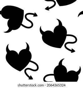 Vector seamless pattern of flat cartoon hearts with devil horns and tail silhouette isolated on white background
