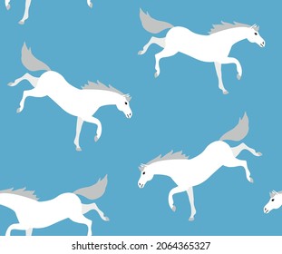 Vector seamless pattern of flat cartoon horse kicking isolated on blue background