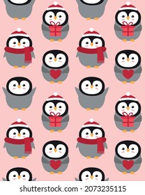 Vector seamless pattern of flat cartoon penguin isolated on pink background