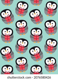 Vector seamless pattern of flat cartoon penguin with Christmas present box isolated on mint green background