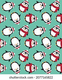 Vector seamless pattern of flat cartoon penguin isolated on green background