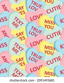 Vector seamless pattern of flat cartoon Valentine’s heart candies with text