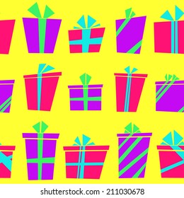 Vector seamless pattern with flat cartoon style present boxes wrapped in ribbons