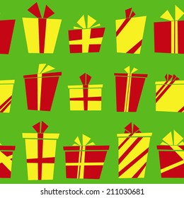 Vector seamless pattern with flat cartoon style present boxes with bows