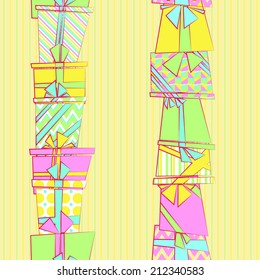 Vector seamless pattern with flat cartoon style present boxes in different wrappings with ribbons and bows on striped background
