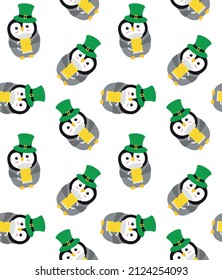 Vector seamless pattern of flat cartoon penguin leprechaun isolated on white background
