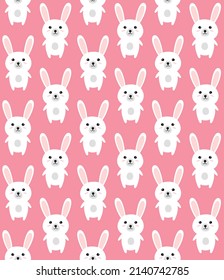 Vector seamless pattern of flat cartoon bunny rabbit isolated on pink background