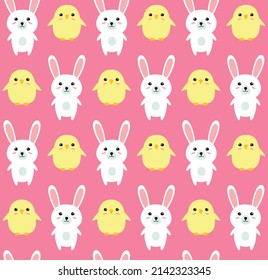 Vector seamless pattern of flat cartoon Easter bunny rabbit and chick isolated on pink background