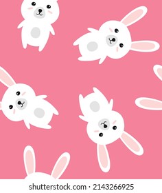 Vector seamless pattern of flat cartoon Easter bunny rabbit isolated on pink background