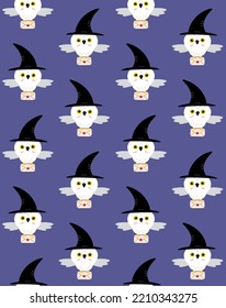 Vector seamless pattern of flat cartoon magic polar owl with letter and wizard hat isolated on purple background