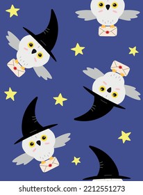 Vector seamless pattern of flat cartoon wizard owl with hat isolated on blue background