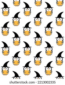 Vector seamless pattern of flat cartoon Halloween penguin with witch hat and pumpkin isolated on white background