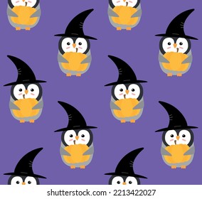 Vector seamless pattern of flat cartoon Halloween penguin with witch hat and pumpkin isolated on purple background