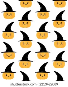 Vector seamless pattern of flat cartoon Halloween pumpkin with face and witch hat isolated on white background