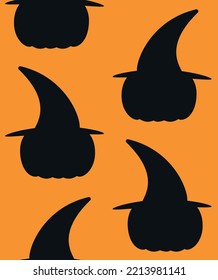 Vector seamless pattern of flat cartoon Halloween pumpkin with witch hat silhouette isolated on orange background