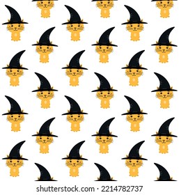 Vector seamless pattern of flat cartoon halloween cat with witch hat isolated on white background