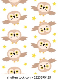 Vector seamless pattern of flat cartoon flying owl isolated on white background