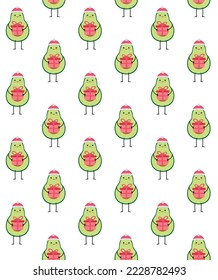 Vector seamless pattern of flat cartoon Christmas avocado with present isolated on white background