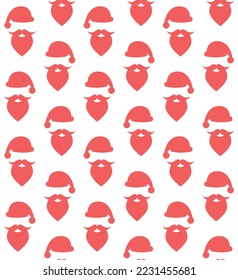 Vector seamless pattern of flat cartoon Santa Claus hat and beard silhouette isolated on green background