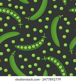 Vector Seamless Pattern with Flat Cartoon Green Peas. Fresh Cartoon Organic Vegetables Isolated. Pods of Green Peas. Vector Illustration