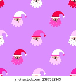 Vector seamless pattern with flat characters of american Santa Claus. Design for wrapping paper or greeting card to wish Merry Christmas. New Year postcard in red, pink colors with purple background
