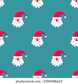 Vector seamless pattern with flat characters of american Santa Claus. Design for wrapping paper or greeting card to wish Merry Christmas. New Year decor in red, white colors with blue background