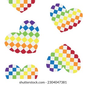 Vector seamless pattern of flat checkered chessboard lgbt flag heart isolated on white background