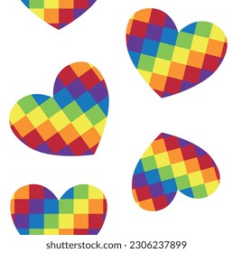 Vector seamless pattern of flat checkered chessboard lgbt flag heart isolated on white background