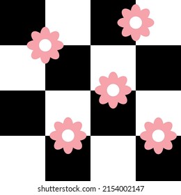 Vector seamless pattern of flat chess board print with flowers isolated on white background