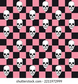 Vector seamless pattern of flat chess board and hand drawn skull isolated on pink background