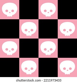 Vector seamless pattern of flat chess board and skull isolated on white background