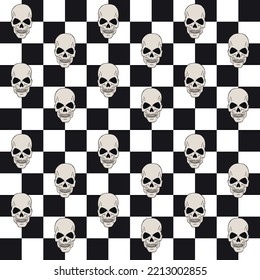 Vector seamless pattern of flat chess board and hand drawn skull isolated on white background