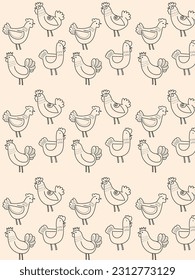 Vector seamless pattern of flat chicken hen hand drawing illustration.
