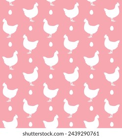 Vector seamless pattern of flat chicken and egg silhouette isolated on pink background